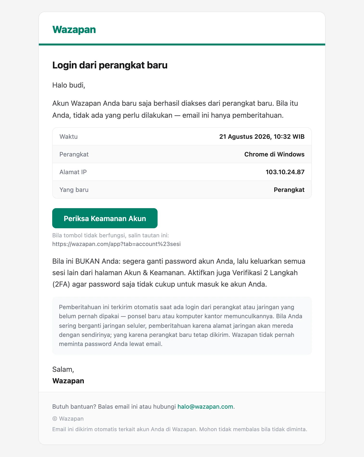 Contoh email peringatan Wazapan: judul Login dari perangkat baru, tabel berisi waktu, perangkat, alamat IP, dan apa yang baru, lalu tombol Periksa Keamanan Akun.